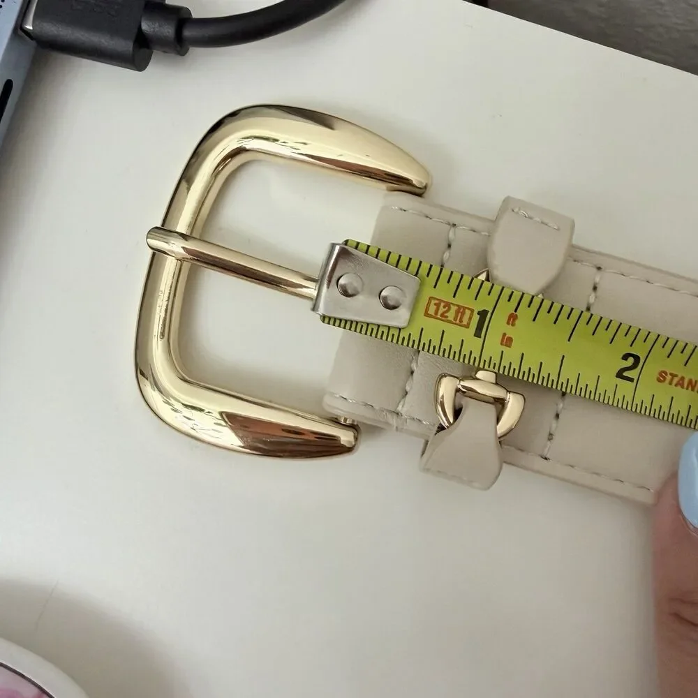 Vince Camuto Belt Women L Beige Faux Leather Gold Buckle Wide Waist Belt